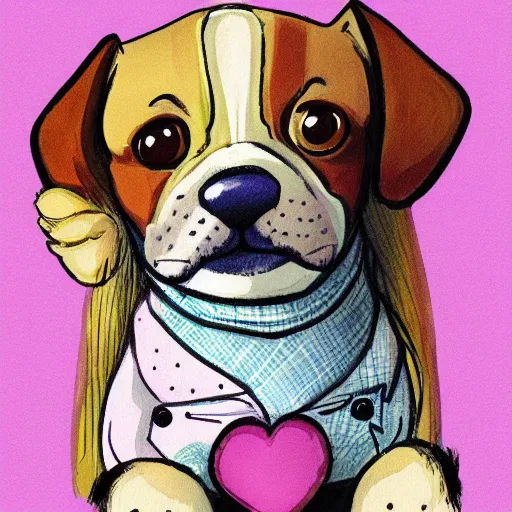 Image similar to masterpiece detailed illustration of a cute dog that combines the style of michael foreman and jane clarke. the colors are soft and muted.