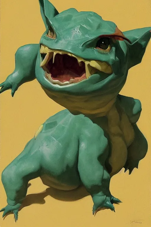 Prompt: bulbasaur, painting by jc leyendecker!! phil hale!, angular, brush strokes, painterly, vintage, crisp