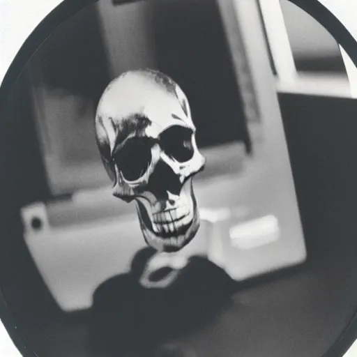 Image similar to close-up shot of a skull wearing hoodie in 80s, playing the computer, Polaroid photo, by Warhol