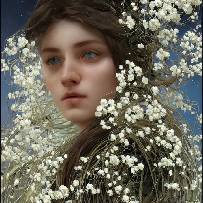 Prompt: hyperrealist portrait of a 2 0 4 4 space sport engineer, it is decorated with long white wires and white flowers that fall like vines and wears a huge computer crown. by jeremy mann and alphonse mucha, fantasy art, photo realistic, dynamic lighting, artstation, poster, volumetric lighting, dramatic light, very detailed faces, 8 k, award winning