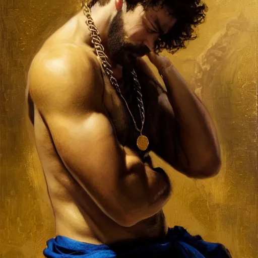 Image similar to detailed realistic cinematic wide shot of beautiful attractive muscular michael cera black beard pose with gold chain wearing blue suit gold robe slim face symettrical face clean skin black eyes black robe smooth, sharp focus, ultra realistic, spring light, painting by gaston bussiere, craig mullins, j. c. leyendecker