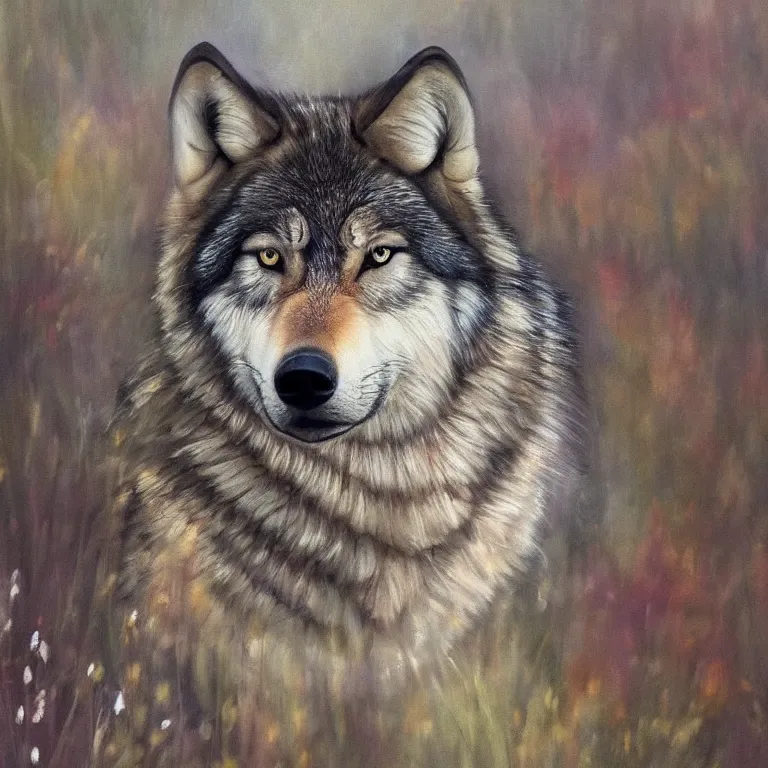 Prompt: Majestic wolf on the heath, portrait. Rough brushstrokes. Beautiful scene. Muted natural colour scheme. Beautiful artistic painting by Lurid (2022)