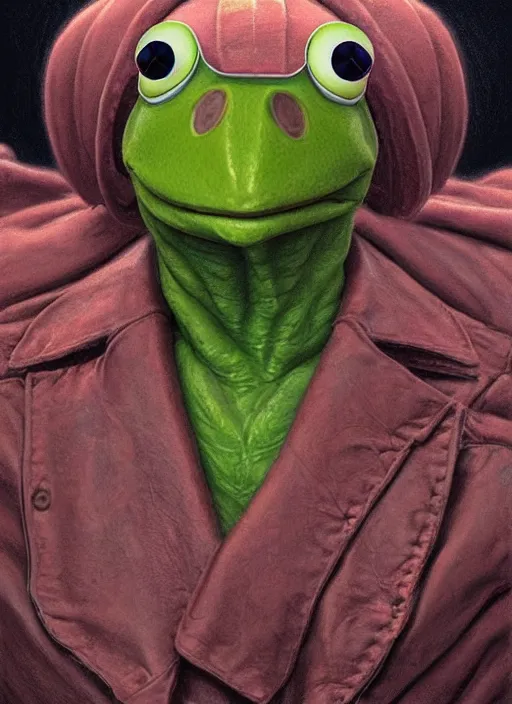 Image similar to portrait of kermit the frog in the fly ( 1 9 8 6 ), highly detailed, centered, solid color background, digital painting, artstation, concept art, smooth, sharp focus, illustration, artgerm, donato giancola, joseph christian leyendecker, les edwards, ed repka, wlop, artgerm