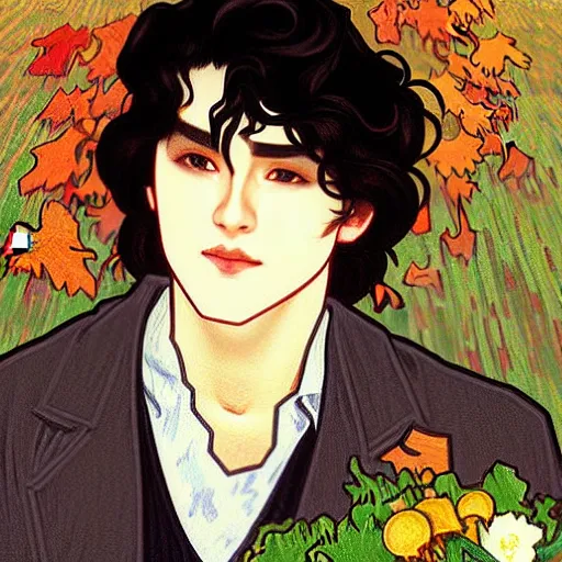 Image similar to painting of young cute handsome beautiful dark medium wavy hair man in his 2 0 s named shadow taehyung and cute handsome beautiful min - jun together at the graveyard party, ghostly, haunted gravestones, ghosts, autumn! colors, elegant, wearing suits!, clothes!, stylish, delicate facial features, art by alphonse mucha, vincent van gogh, egon schiele