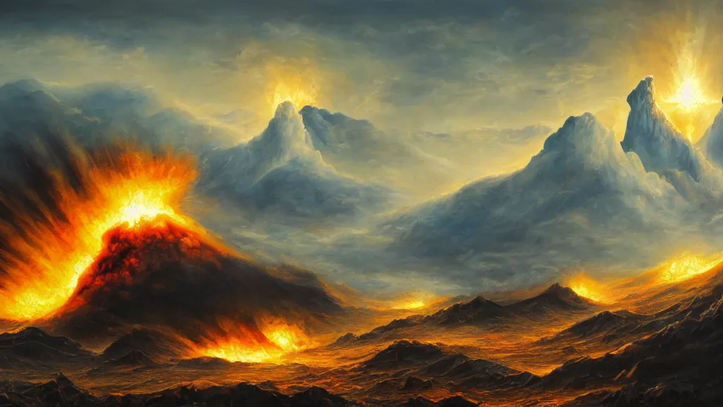 Image similar to a nuclear explosion in a mountain range, highly detailed oil painting, epic fantasy art, abstraction, masterpeice, 8k