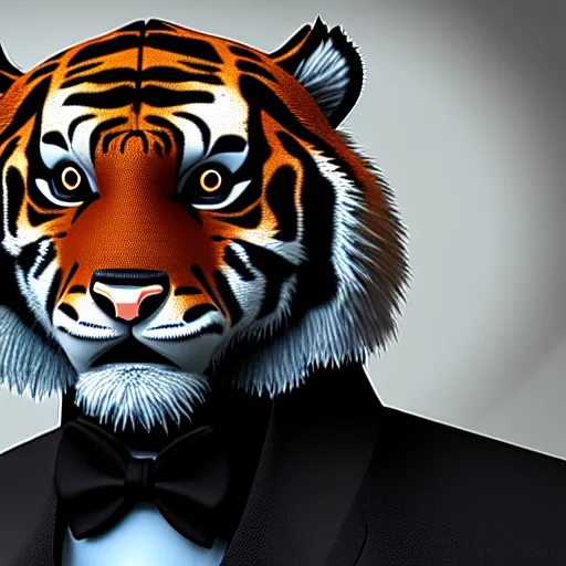 Image similar to portrait of an anthropomorphic tiger wearing a black suit, ultra detail, ultra realistic, soft fur, ssao 8 k