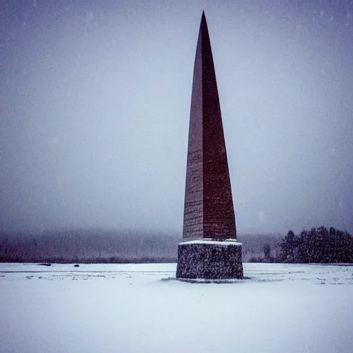 Image similar to a large obelisk on a ice plain. snowing, overcast sky, grainy.