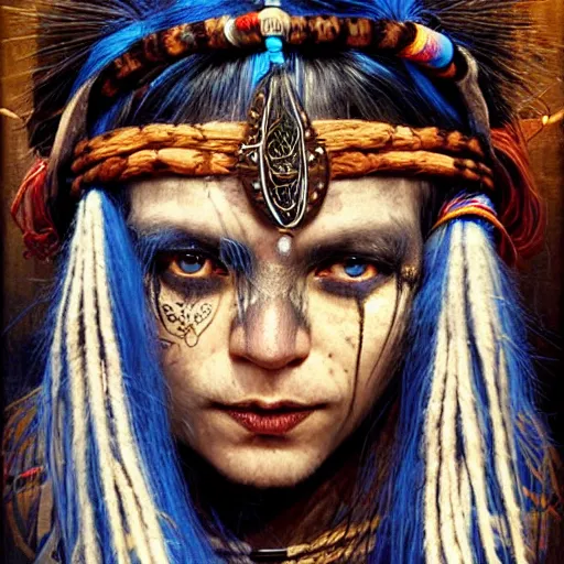 Image similar to A young blindfolded shaman woman with a decorated headband, in the style of heilung, blue hair dreadlocks and wood on her head, tribal piercing and tatoos , atmospheric lighting, intricate detail, cgsociety, ambient light, dynamic lighting, art by karol bak