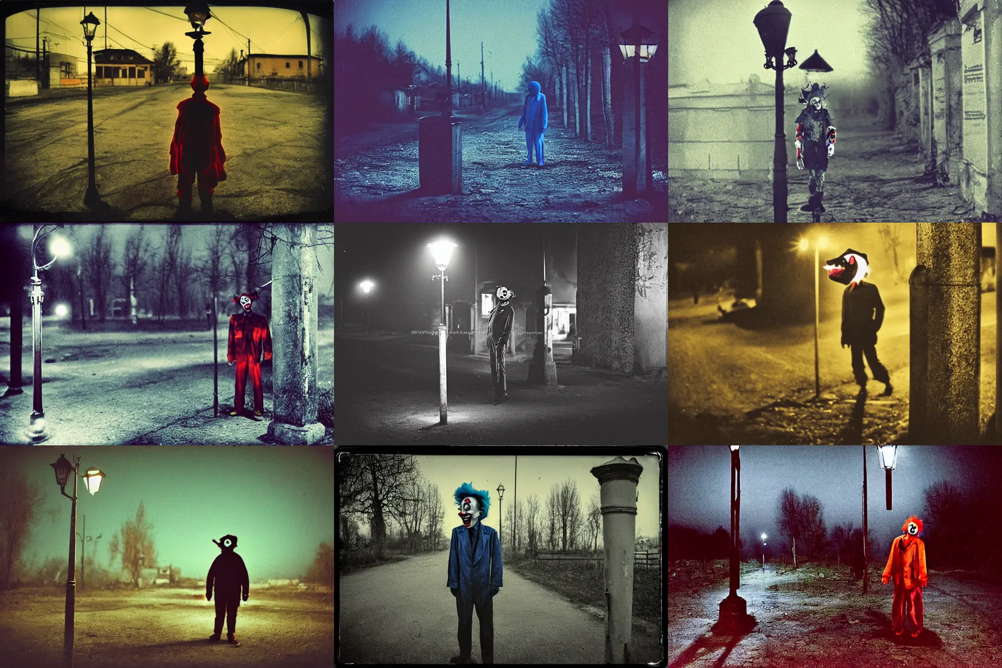 Prompt: a thin scary clown in torn clothes stands under a lamppost that shines a blue light on the clown, pitch darkness around the post, everything happens at night in an old Soviet village, the photo was taken from afar, Colourful, Cinematic, filmic, 35mm, dark atmosphere, horror, scary, Wildlife photography, Polaroid, bad quality
