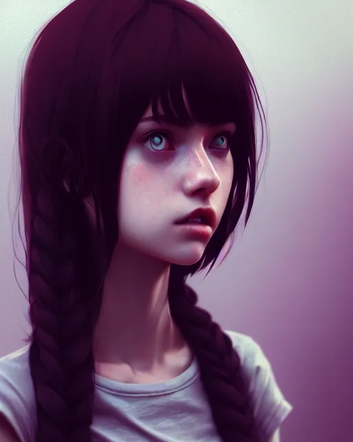 Prompt: full very close up neck shot of a beautiful loner girl, in tshirt and no makeup, demented, irish, by saruei and guweiz and ilya kuvshinov and george miller, digital art, highly detailed, intricate, sharp focus, trending on artstation hq, deviantart, pinterest, unreal engine 5, 4 k uhd image