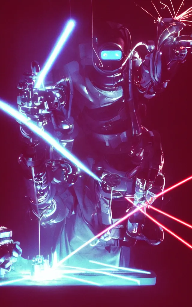 Image similar to Robotic Pope shooting bright lasers out of his hands, 80s, science fiction, cyberpunk, neon, low angle shot, cross, pope, movie poster, futuristic, pontifex