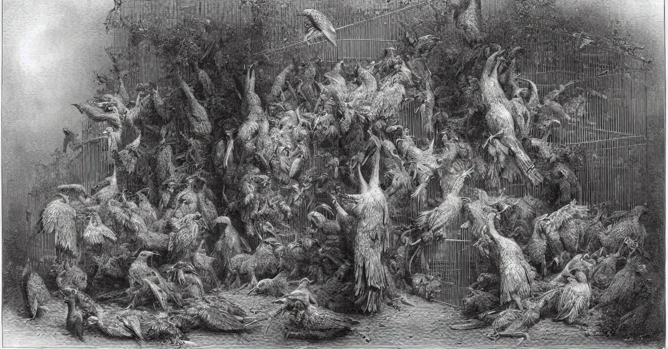 Prompt: One hundred beautiful birds are locked in a cage in the zoo, the other animals are free to graze outside the cage, by Gustave Dore