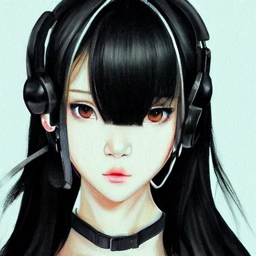 Image similar to realistic beautiful gorgeous natural cute Blackpink Lalisa Manoban black hair fur black cat ears, wearing white camisole summer outfit, headphones, black leather choker artwork drawn full HD 4K highest quality in artstyle by professional artists WLOP, Aztodio, Taejune Kim, Guweiz on Pixiv Instagram Artstation