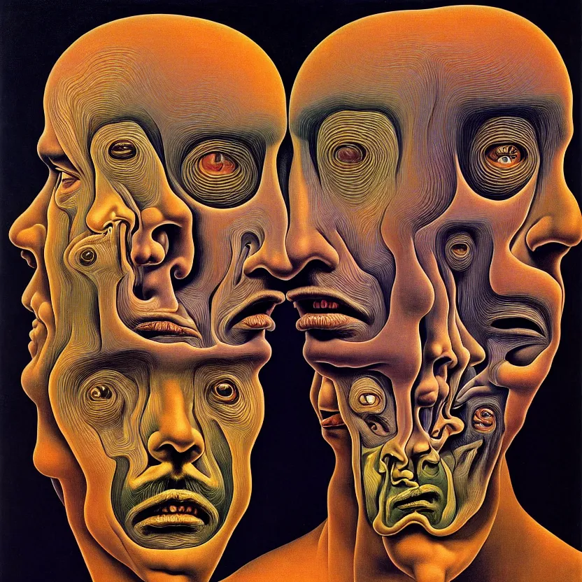 Image similar to a face coming out of a face coming out of a man's head, recursion, fractals, surreal, by salvador dali and mc escher and max ernst, oil on canvas, weird, dreams, fantasy, intricate details, soft lighting, warm colors