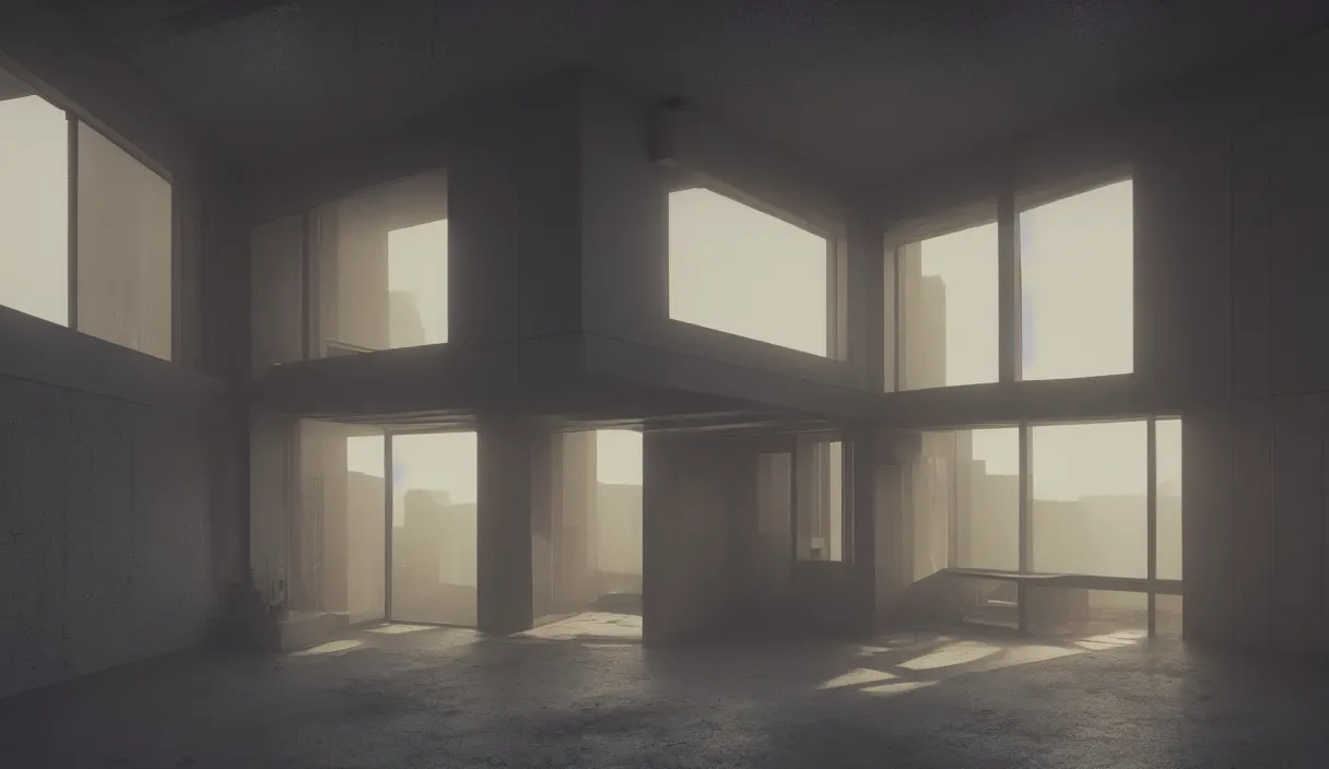 Prompt: an eco brutalist room with small windows, orange neon lights, dramatic lighting, hyper realistic, photography, 3 5 mm, kodak film, 8 k, octane render, unreal engine render, concept art, volumetric lighting, foggy