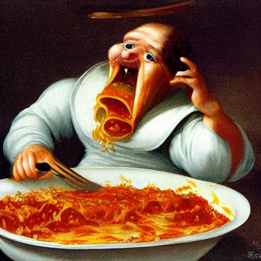 Prompt: garfield devouring a piping hot lasagna in the style of goya's saturn devouring his child