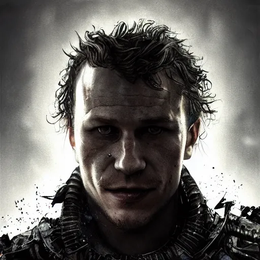 Prompt: heath ledger portrait, dystopia core, apocalyptic, armor, warrior, dramatic, sharp focus, fiction, neon, fantasy, hyper detailed, digital art, trending in artstation, cinematic lighting, studio quality, smooth render, unreal engine 5 rendered, octane rendered, art style and nixeu and wlop and krenz cushart