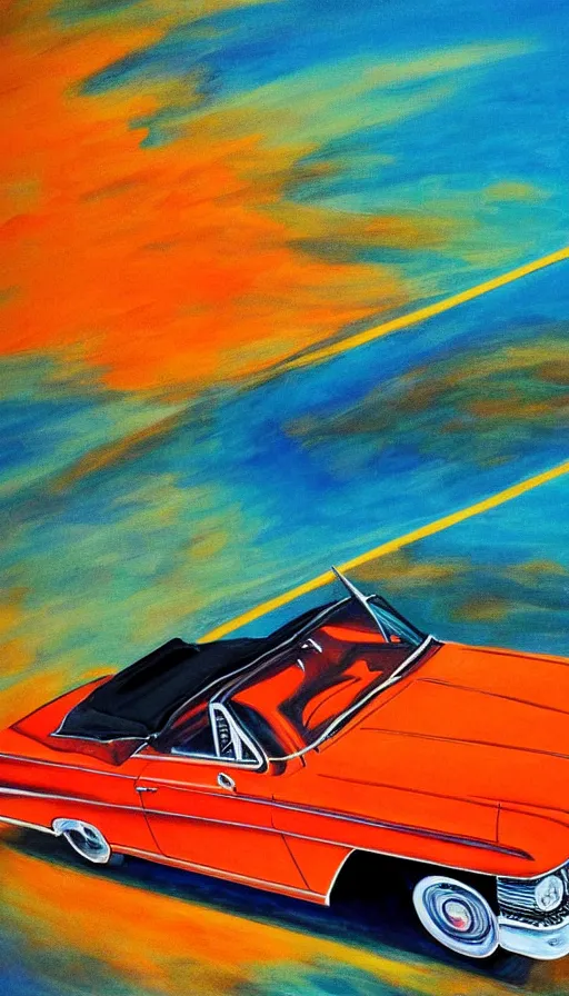 Image similar to far away, top down shot, 1 9 6 3 cadillac convertible driving down empty highway into a bright orange sunrise, water painting, high detail