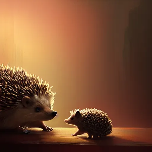 Image similar to photorealistic render of a hedgehog waking up in the morning, by wlop, artgerm, greg rutkowski, alphonse mucha, beautiful dynamic dramatic dark moody lighting, shadows, cinematic atmosphere, artstation, concept design art, octane render, 8 k