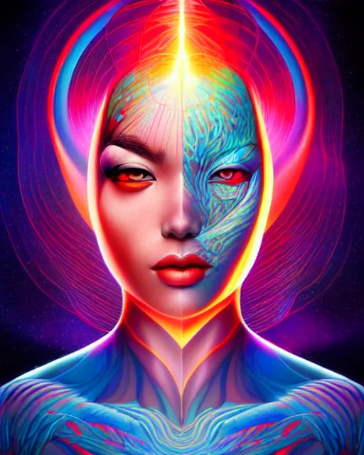 Image similar to richly detailed color illustration of a becoming-one-with-the-universe illustrated by Artgerm and Mina Petrovic and Timothy Kong and Marina Federovna. 3D shadowing