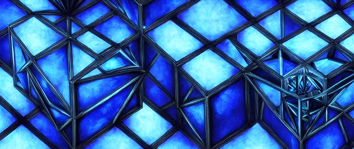 Prompt: hyperrealistic highly detailed metatron's cube rotating mid-air iridescent escher dali matte painting moody blue lighting low angle hd 8k sharp shallow depth of field