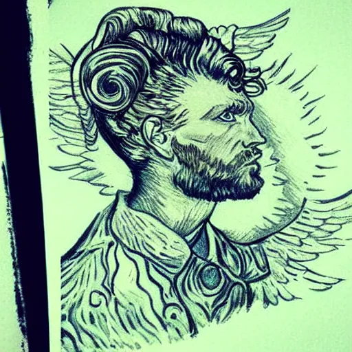 Image similar to realism!!!! tattoo!!!!! design sketch of a Magestic Angel, van gogh!! style, in the style of Da Ink