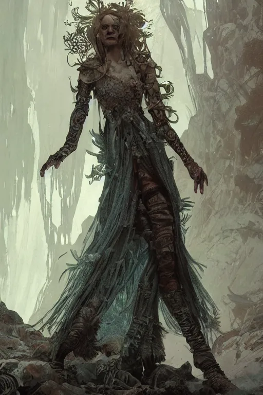 Image similar to a full body portrait of a beautiful post apocalyptic offworld nordic necromancer dancing by the waterfalls, intricate, elegant, highly detailed, digital painting, artstation, concept art, smooth, sharp focus, illustration, art by krenz cushart and artem demura and alphonse mucha