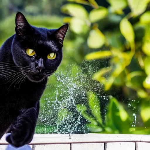 Prompt: a picture of an angry black cat hissing by a pool on a sunny day