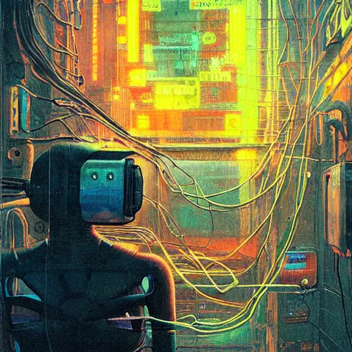 Prompt: cyberpunk robot with neon lights and exposed wiring, highly detailed beksinski style cyberpunk 2 0 7 7 painting