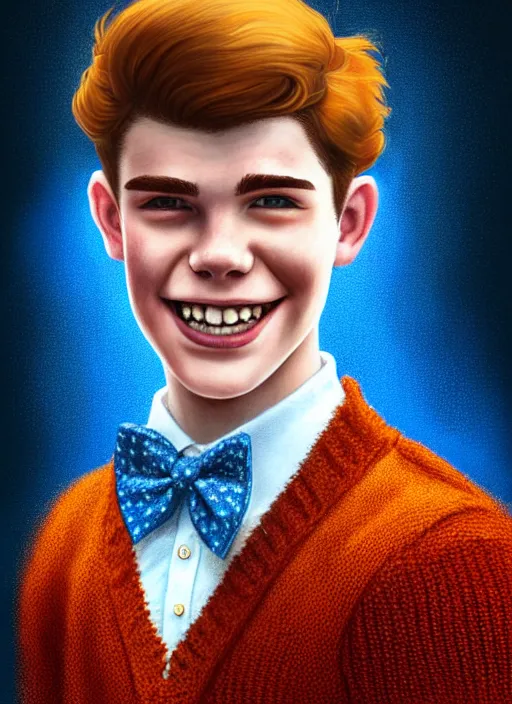 Image similar to portrait of teenage archie andrews, freckles, curly middle part haircut, curly hair, middle part hairstyle, smiling kindly, wearing a bowtie and sweater vest, intricate, elegant, glowing lights, highly detailed, digital painting, artstation, concept art, smooth, sharp focus, illustration, art by wlop, mars ravelo and greg rutkowski