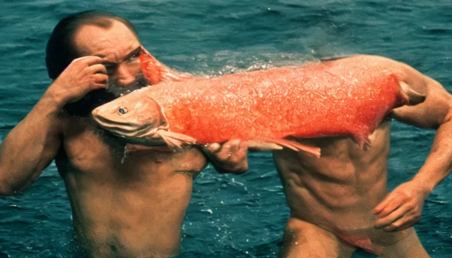 Prompt: 7 0 s movie still of putin in speedo, punching a salmon in the face, focus on face. cinestill 8 0 0 t _ 3 5 mm eastmancolor, heavy grain, high quality, high detail