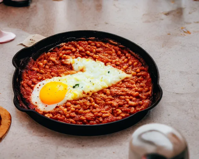 Prompt: dslr food photograph of a mouthwatering new york pizza with baked beans and egg on, 8 5 mm f 1. 4