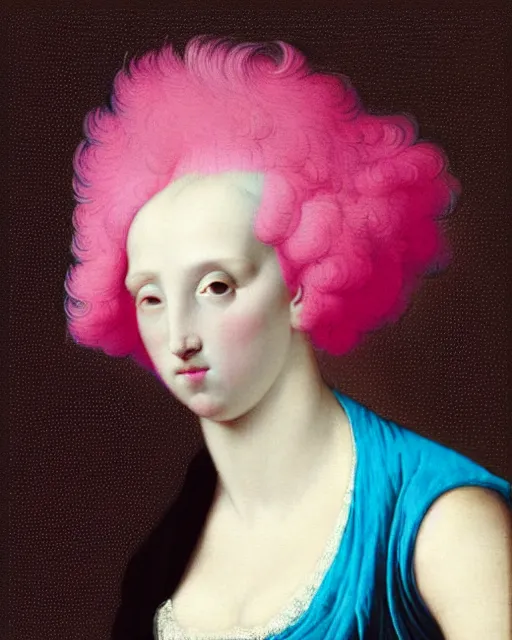 Prompt: woman with pink hair, wearing a neon blue dress by Vivienne Westwood, intricate details, masterpiece, in the style of Jean Auguste Dominique Ingres, black background