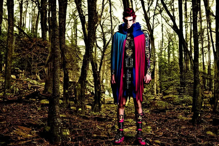 Image similar to versace avant garde male toga intricate textiles streetwear cyberpunk posing in the woods trees cloudy overcast dark late evening dramatic 3 5 mm professional color