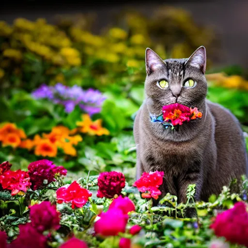 Prompt: Cat eating a flower on a flowerbed, 40nm, shallow depth of field, split lighting, 4k,