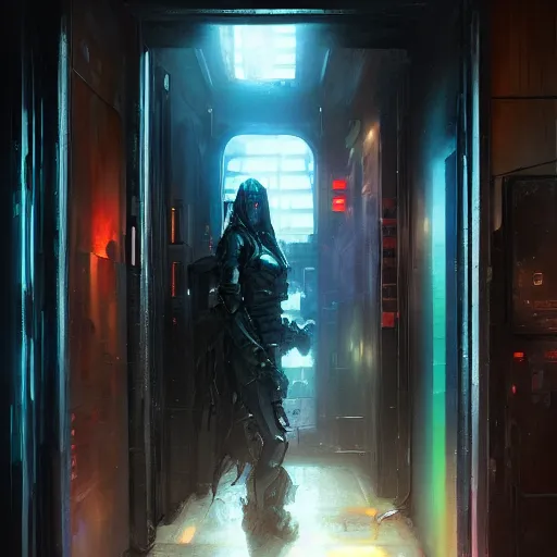 Image similar to door, entrance, cyberpunk city, painted by raymond swanland, painted by greg rutkowski, painted by jeremy mann, painted by igor kieryluk, trending on artstation