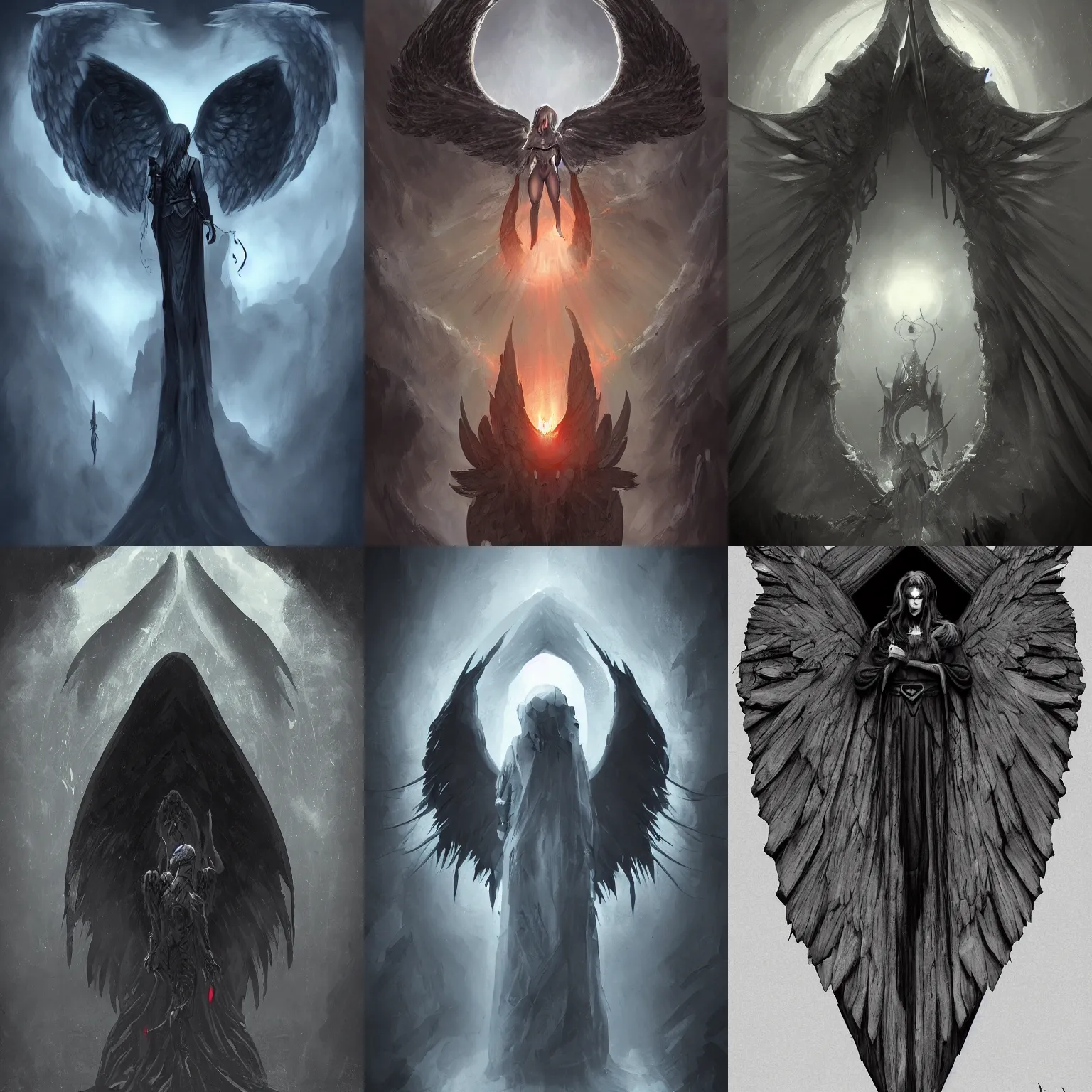 Prompt: dark portal with angel wings above it, rule of thirds, artstation