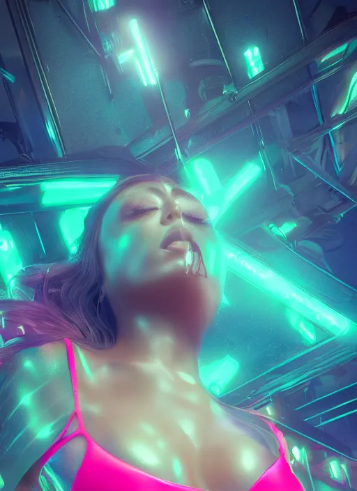 Prompt: neon bikini, intricate detail, volumetric lighting, epic composition, hyper detailed, ultra realistic, sharp focus, octane render, volumetric, ray tracing, artstation trending, cgsociety, sense of awe, swirling mist, 4 k