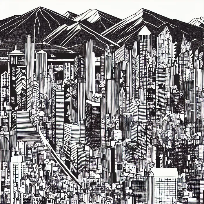 Prompt: cityscape surrounded by mountains by dan mumford and peter doig and edward hopper, symmetrical, minimal, black ink, thick lines highly detailed, muted colours 8 k