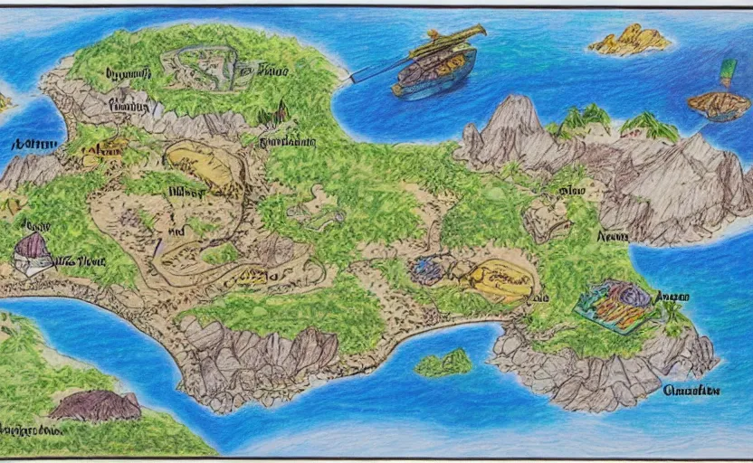 Prompt: fantasy island map, drawn with crayons, detailed