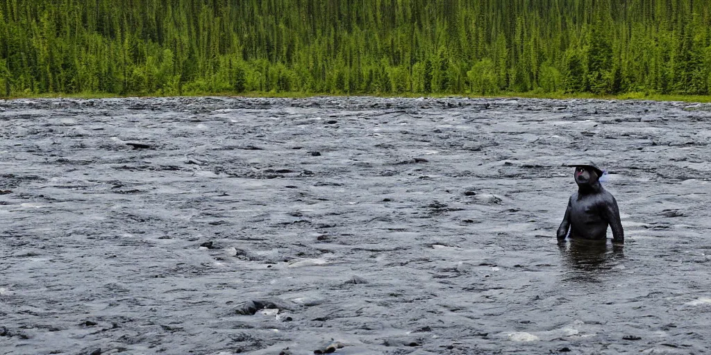 Prompt: Human sized cryptid in a river in alaska, long lens, telephoto, candid picture