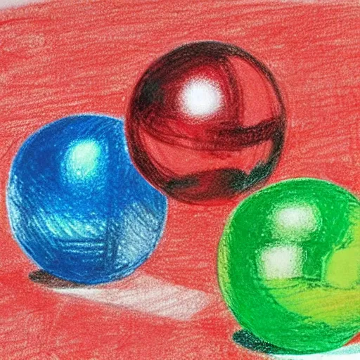 Prompt: chrome spheres on a red cube, drawn with crayon