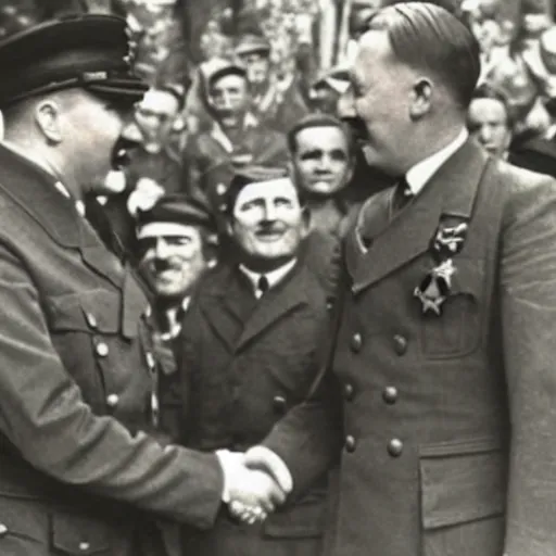 Prompt: adolf hitler shaking hands with shrek