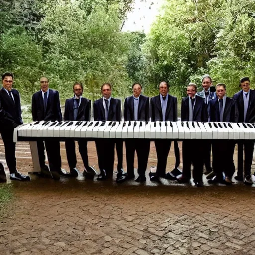 Prompt: the world's longest piano with a group of men standing next to it showing its size.