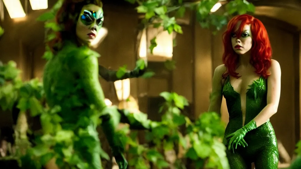 Prompt: Aubrey Plaza as Poison Ivy in The Dark Knight, green skin film still from the movie directed by Denis Villeneuve with art direction by Salvador Dalí, wide lens