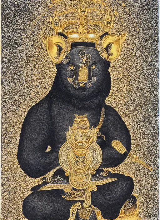 Image similar to detailed pen and ink art of an anthropomorphic asian black bears head on Buddhist bodhisattva body, seated in royal ease, 0.1 black micron pen on white paper, gilded gold halo behind head, 24K gold leaf, reflective, beautiful, highly detailed, fine pen work, white background