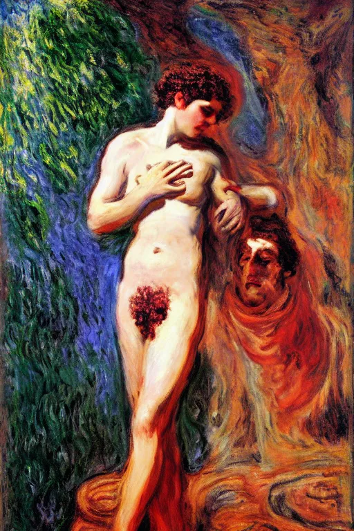 Image similar to Prometheus in style of Salome with the Head of John the Baptist, background by Claude Monet