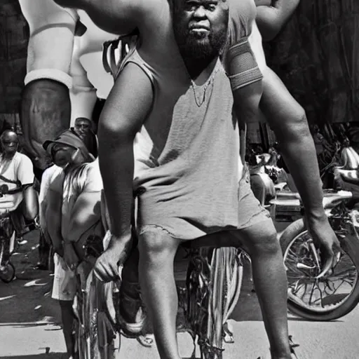 Image similar to a little black person rides on the shoulder's of a huge 7 ft tall 5 0 0 pound black man. hyperreal - h 6 4 0