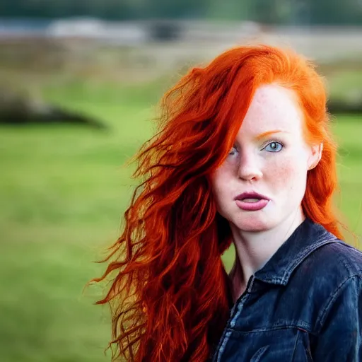 Image similar to Close up photo of the left side of the head of a redhead woman with gorgeous eyes and wavy long red hair, who looks directly at the camera. Slightly open mouth. left side of the head head visible and covers half of the frame, with a park visible in the background. 135mm nikon.
