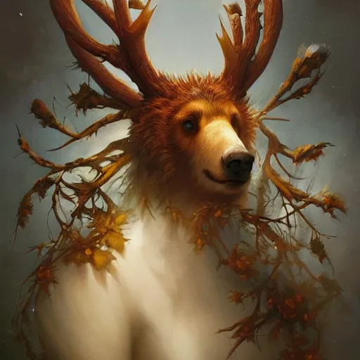 Image similar to a creature that is a hybrid between a bear and a bunny with golden brown antlers. Jordan Grimmer. Peter Mohrbacher. George Stubbs
